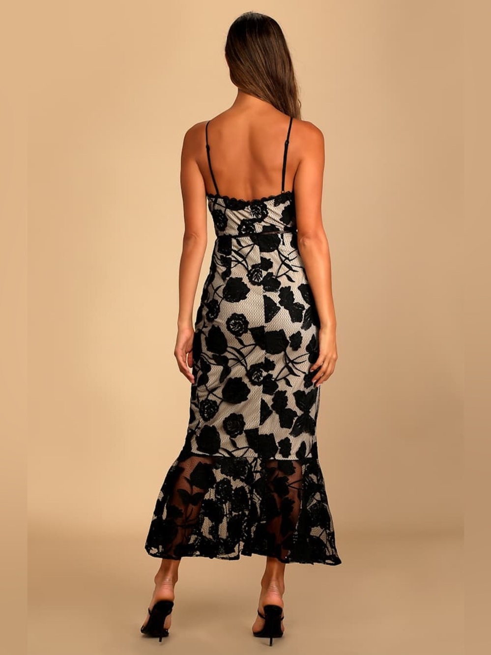 Lulus Alluring Dream Black Floral Mesh Lace Trumpet Midi Dress - Picture 3 of 7